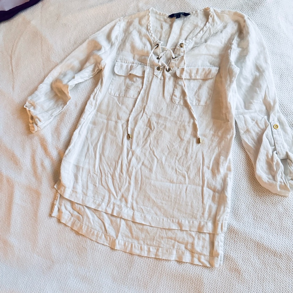 ELLEN TRACY White Linen Lace-Up Blouse Women’s Top - Picture 2 of 13
